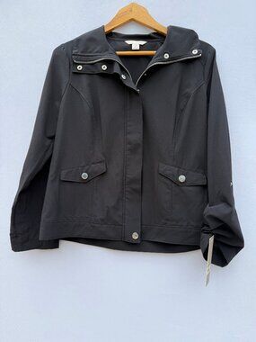 Laura Ashley Black Utility Jacket, Zip & Snap Front, Lightweight, Petite M, NWT